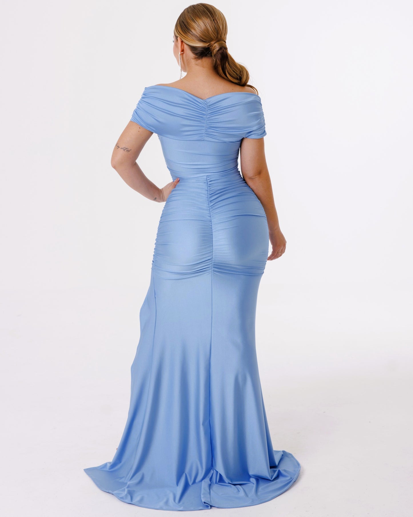 Vestido Largo con Abertura y Mangas - Zafiro