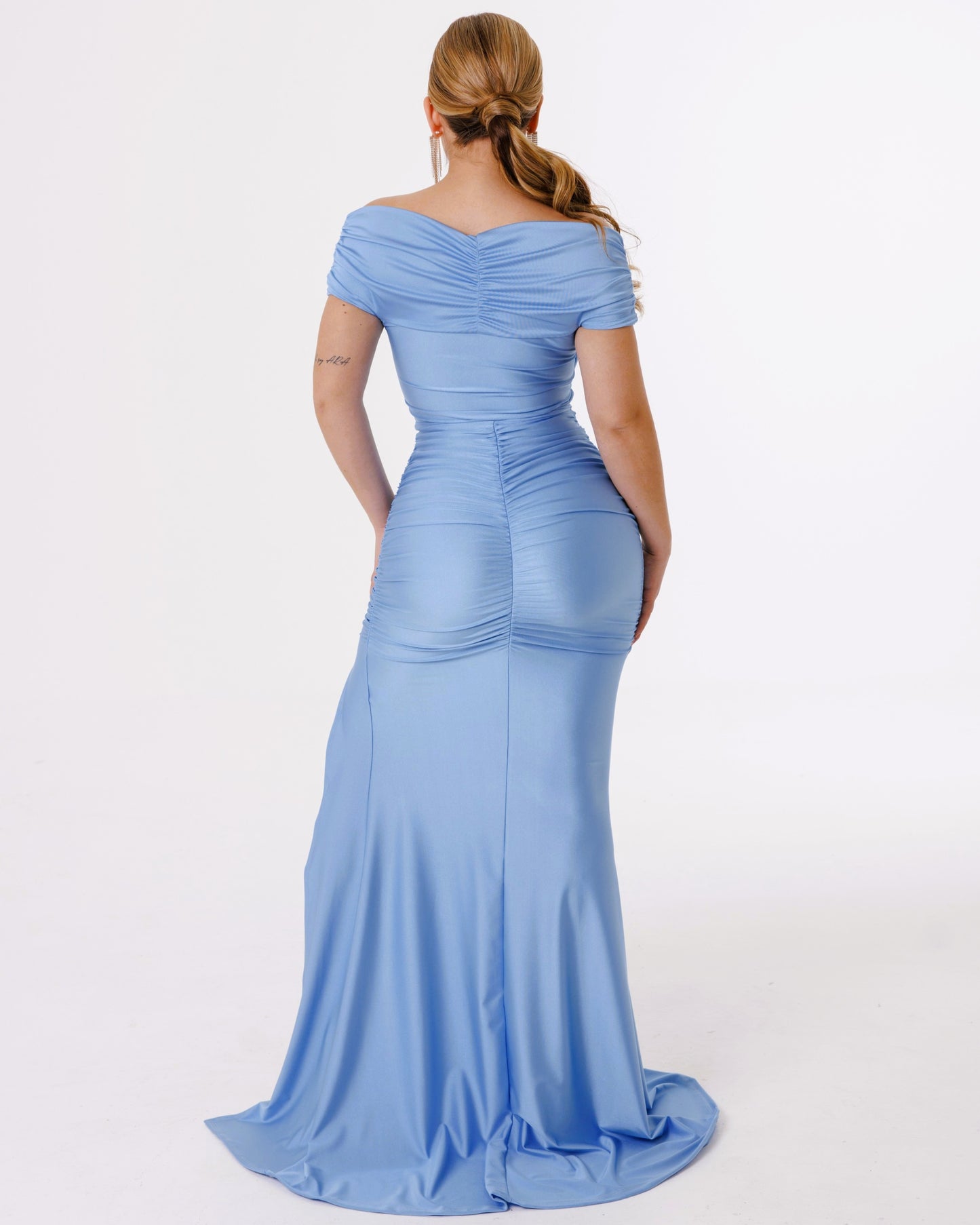 Vestido Largo con Abertura y Mangas - Zafiro
