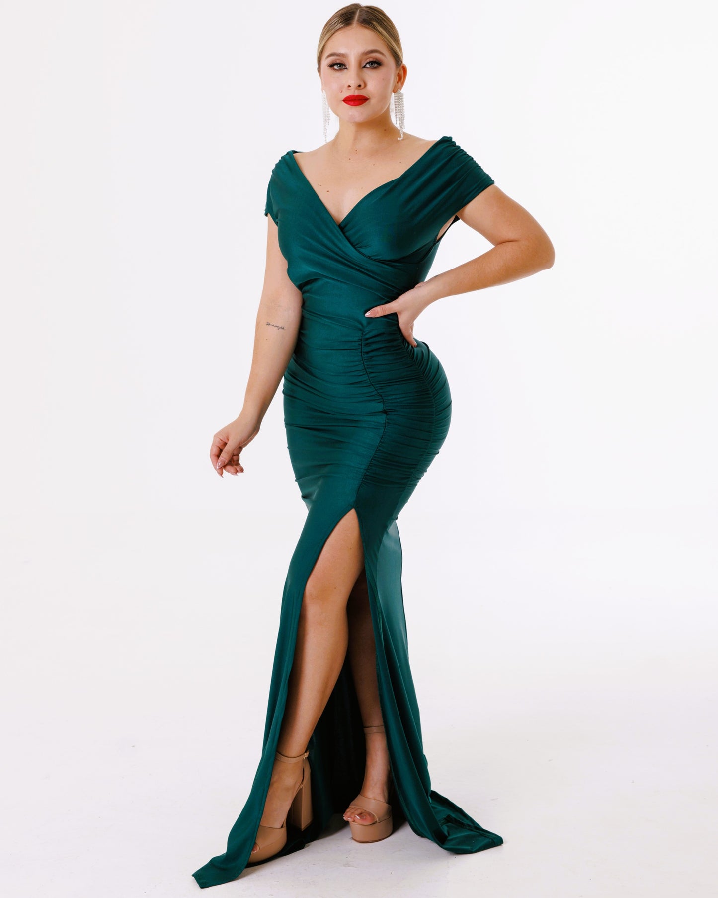 Vestido Largo con Abertura y Mangas - Zafiro