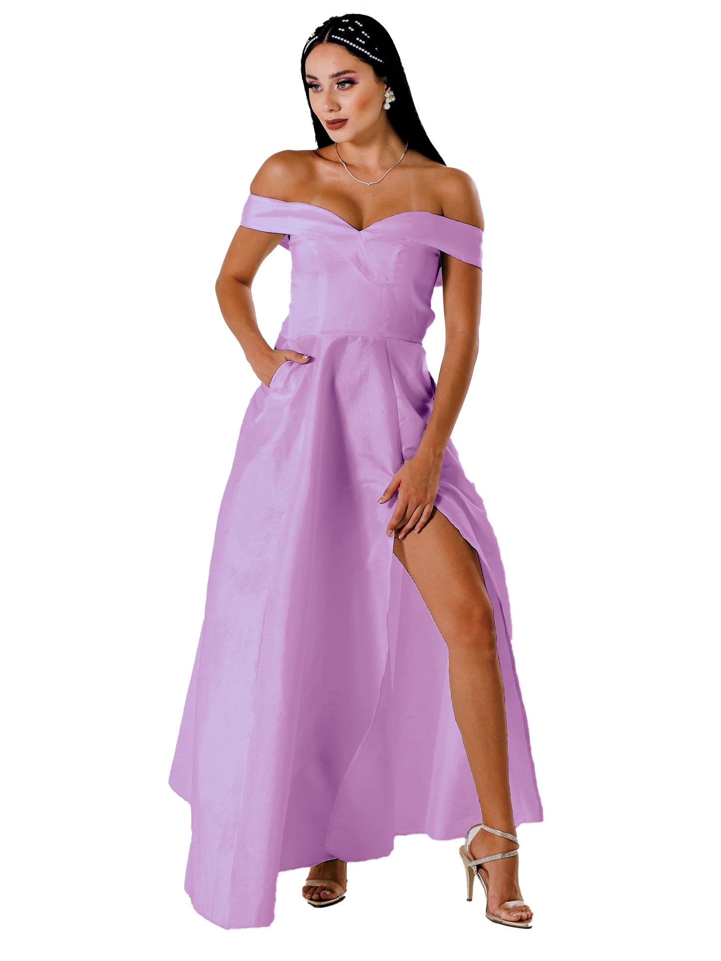 Vestido largo con abertura y hombros descubiertos. -"FLORENCIA"
