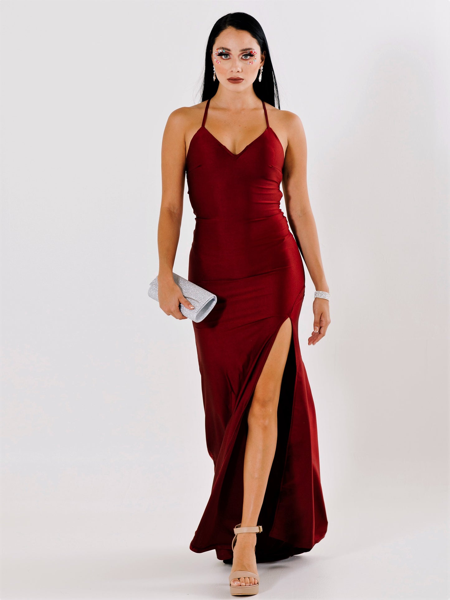 Vestido Largo Ajustado con Abertura Coarrugado y tirantes - IVY