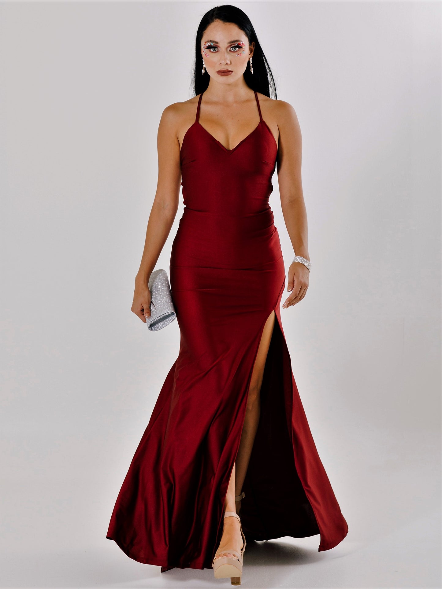 Vestido Largo Ajustado con Abertura Coarrugado y tirantes - IVY