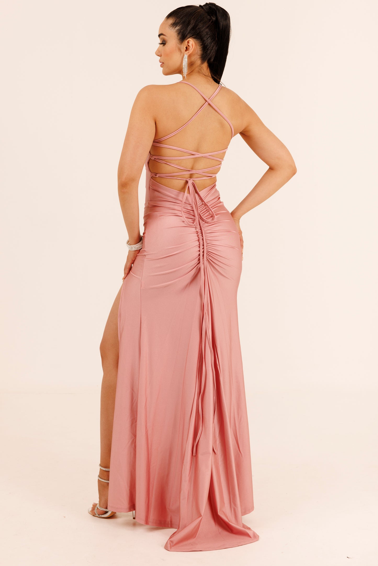 Vestido Largo Ajustado con Abertura Coarrugado y tirantes - IVY
