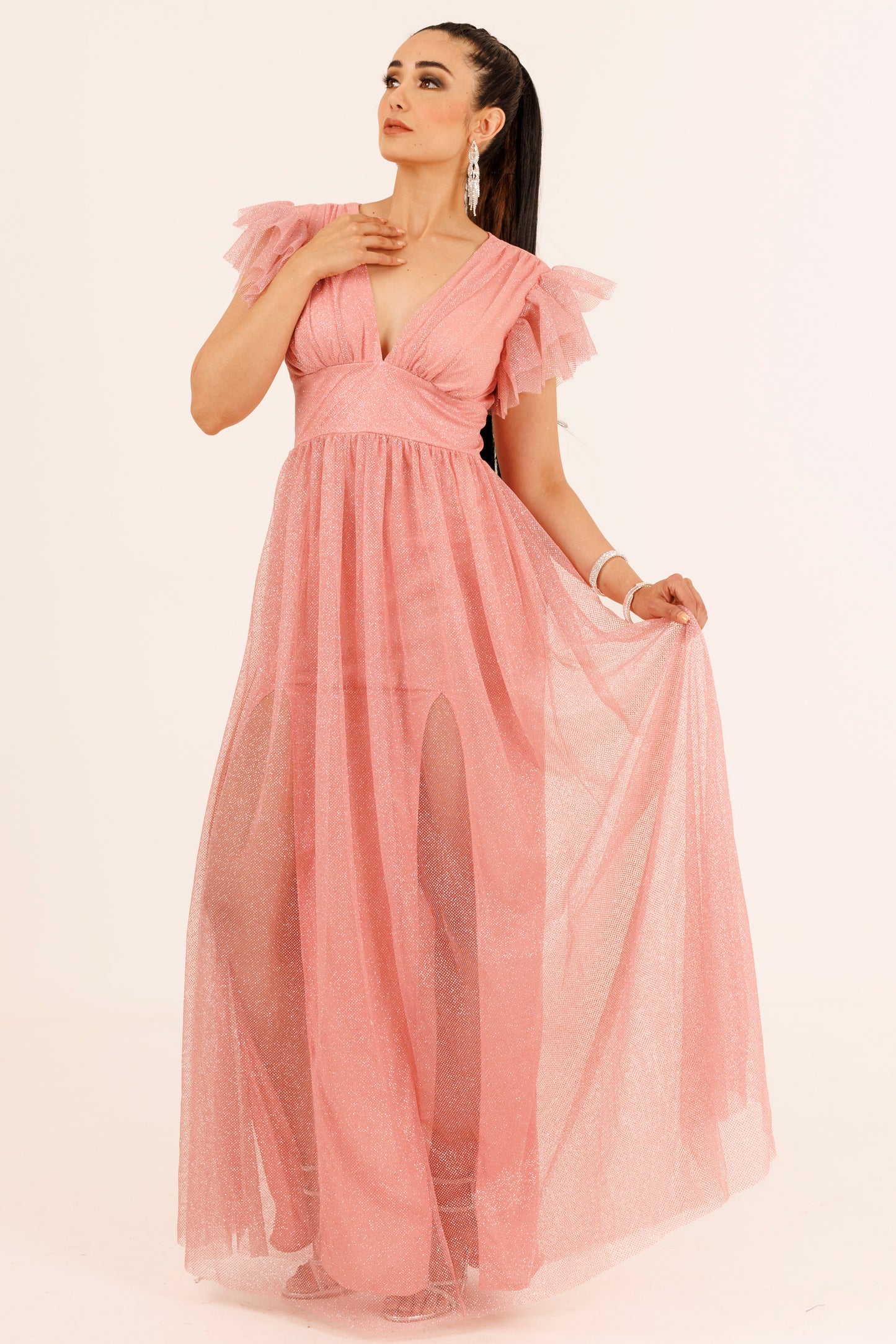 Vestido Largo con Brillos y Mangas - JULIA BRILLOS