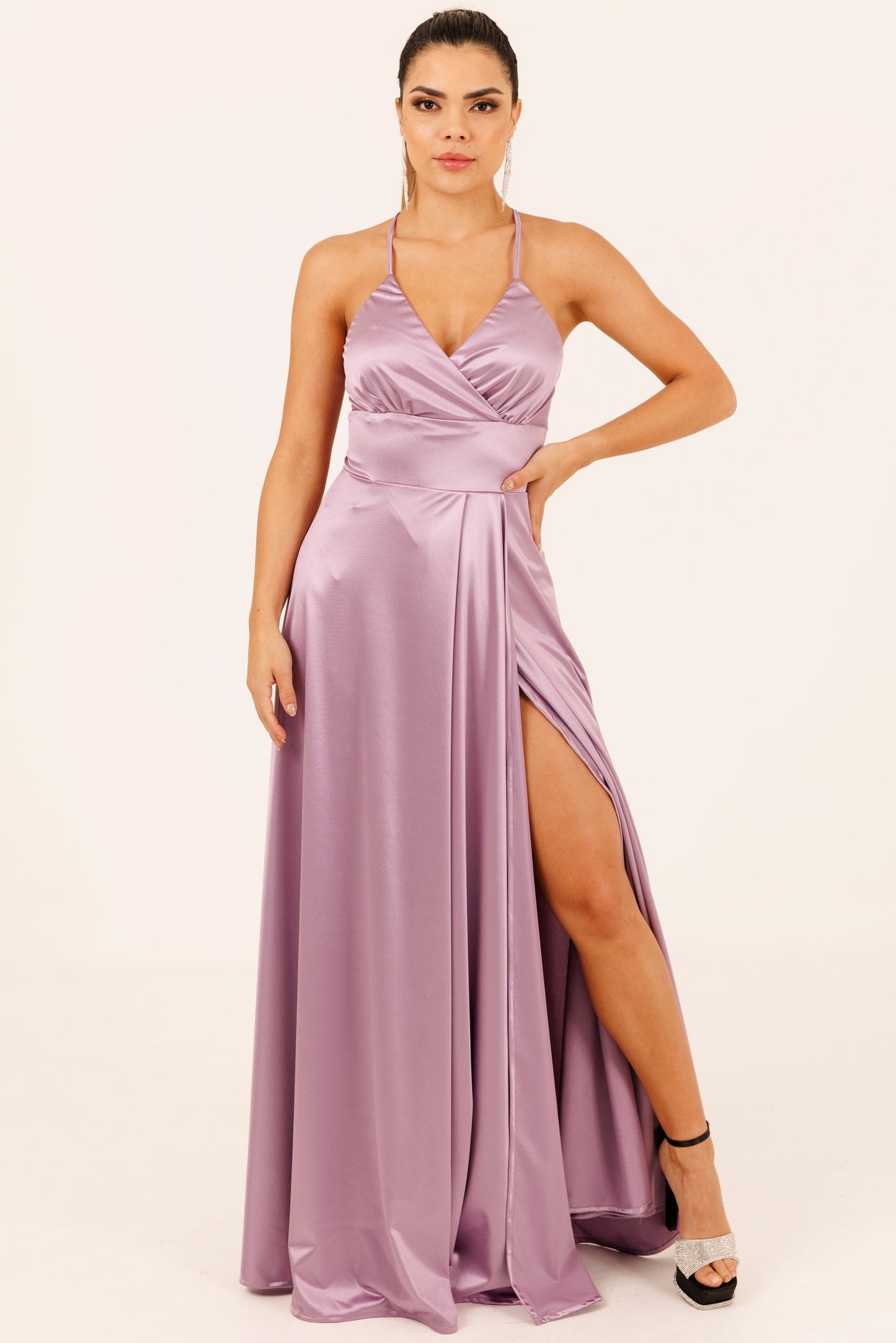 Vestido Largo Escote Cruzado y Tirantes con Abertura - VIOLETA SATEEN