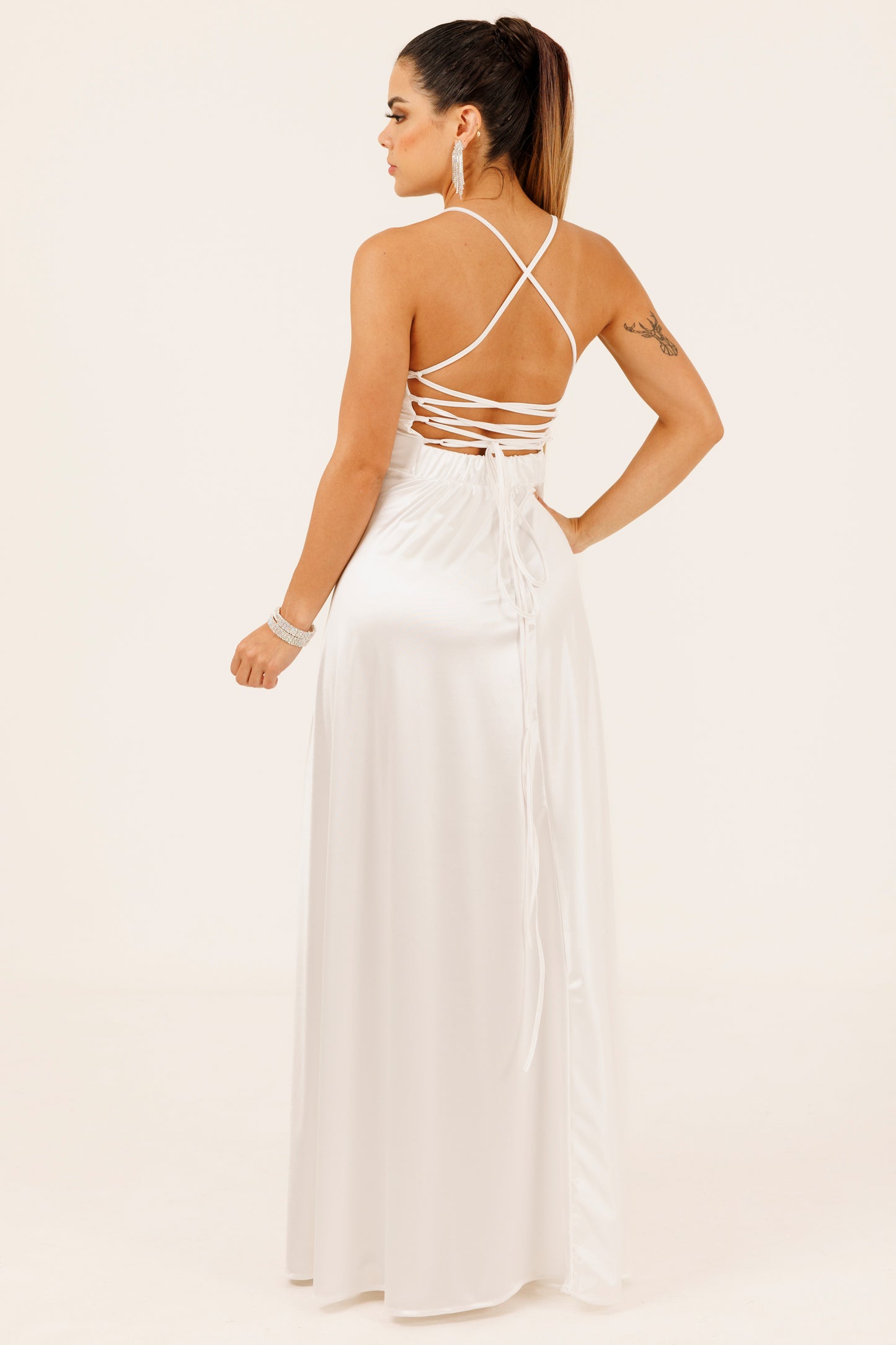 Vestido Largo Escote Cruzado y Tirantes con Abertura - VIOLETA SATEEN