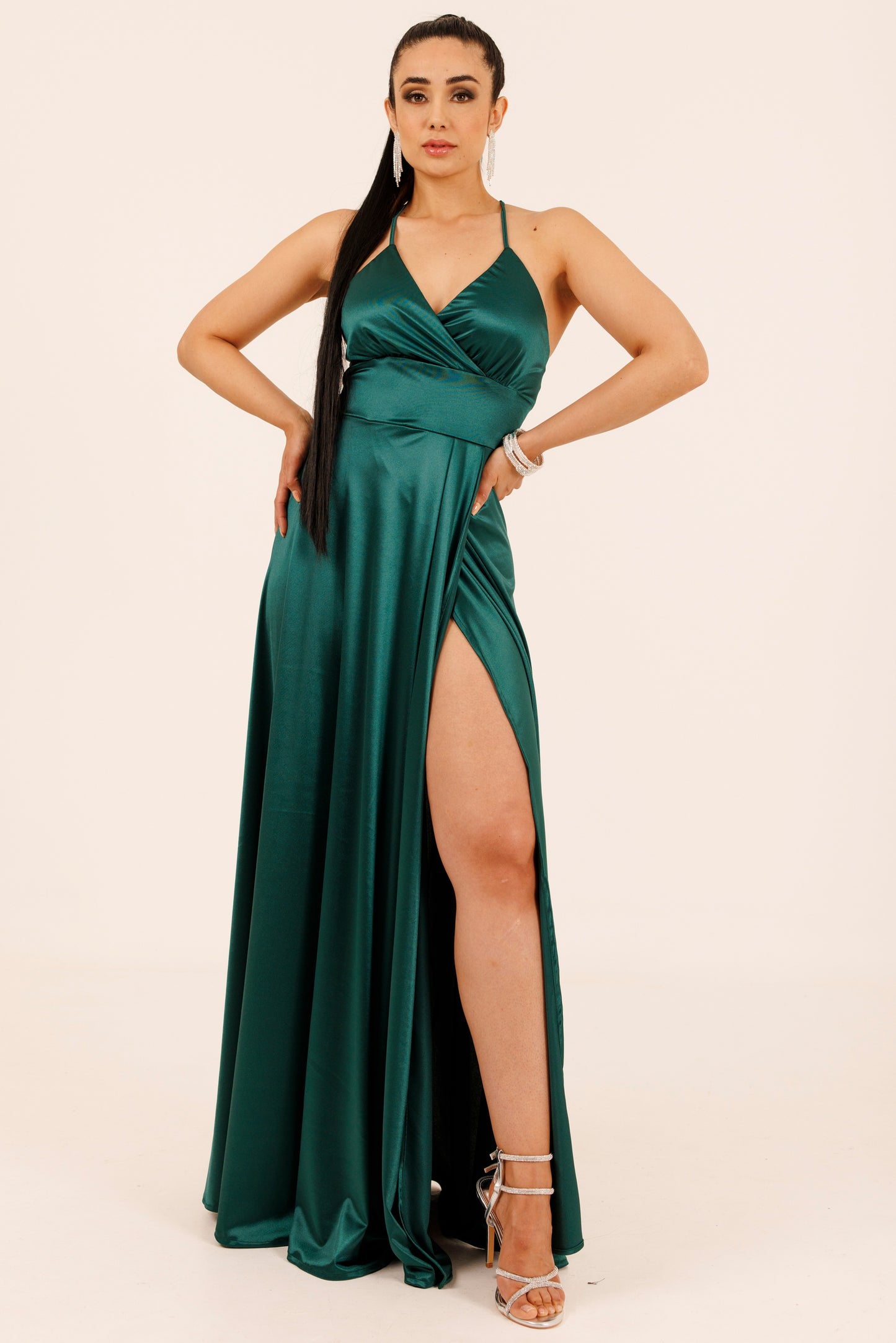 Vestido Largo Escote Cruzado y Tirantes con Abertura - VIOLETA SATEEN