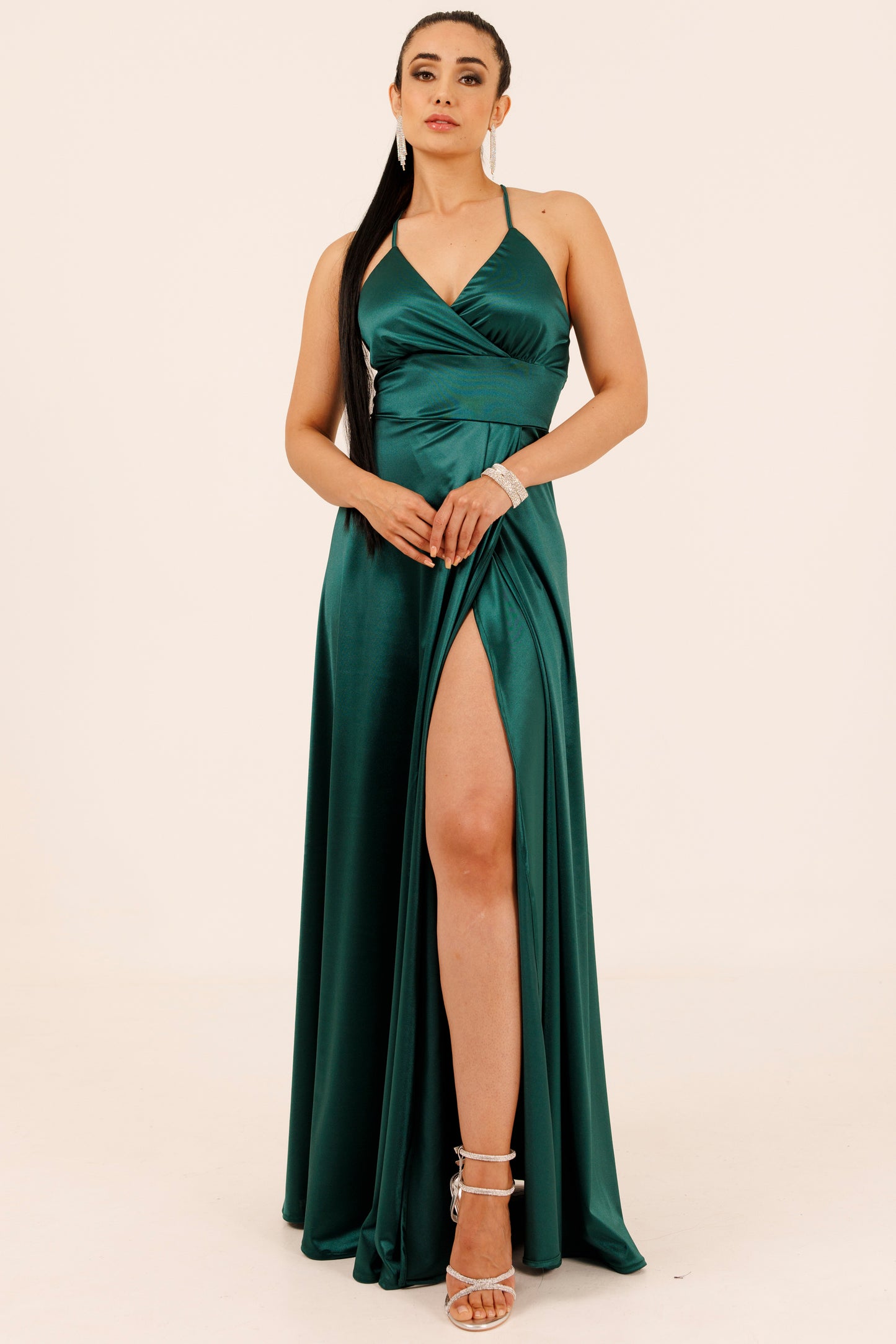 Vestido Largo Escote Cruzado y Tirantes con Abertura - VIOLETA SATEEN