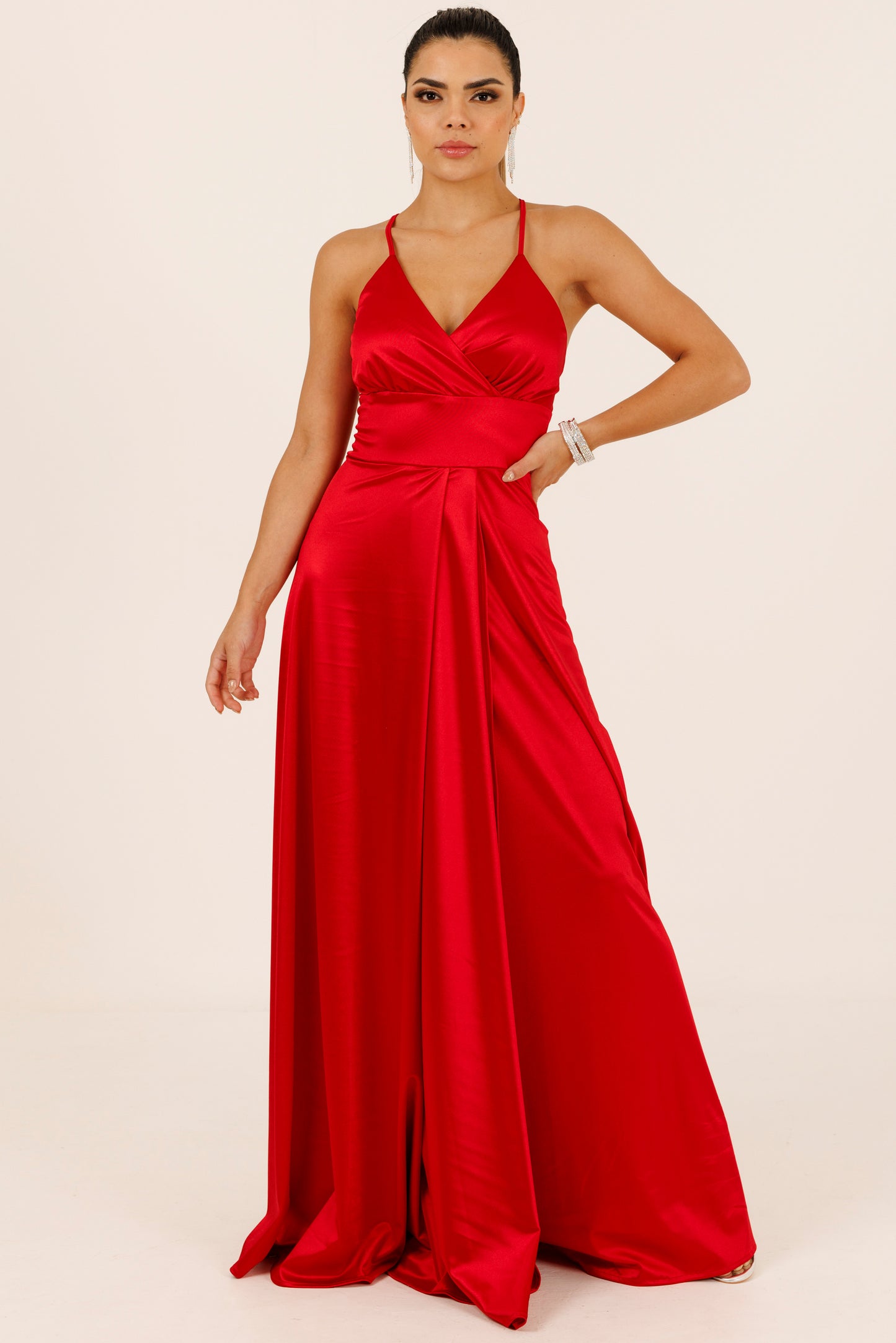 Vestido Largo Escote Cruzado y Tirantes con Abertura - VIOLETA SATEEN