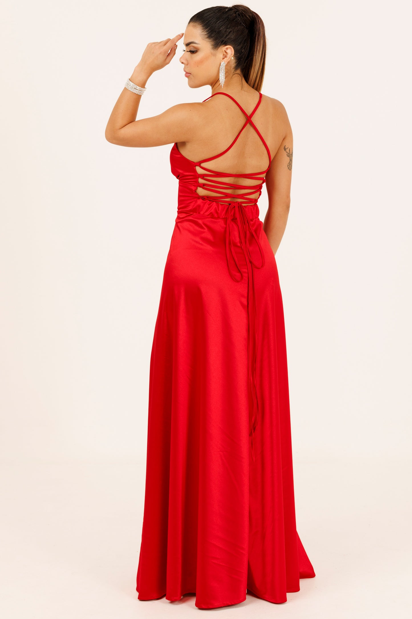 Vestido Largo Escote Cruzado y Tirantes con Abertura - VIOLETA SATEEN