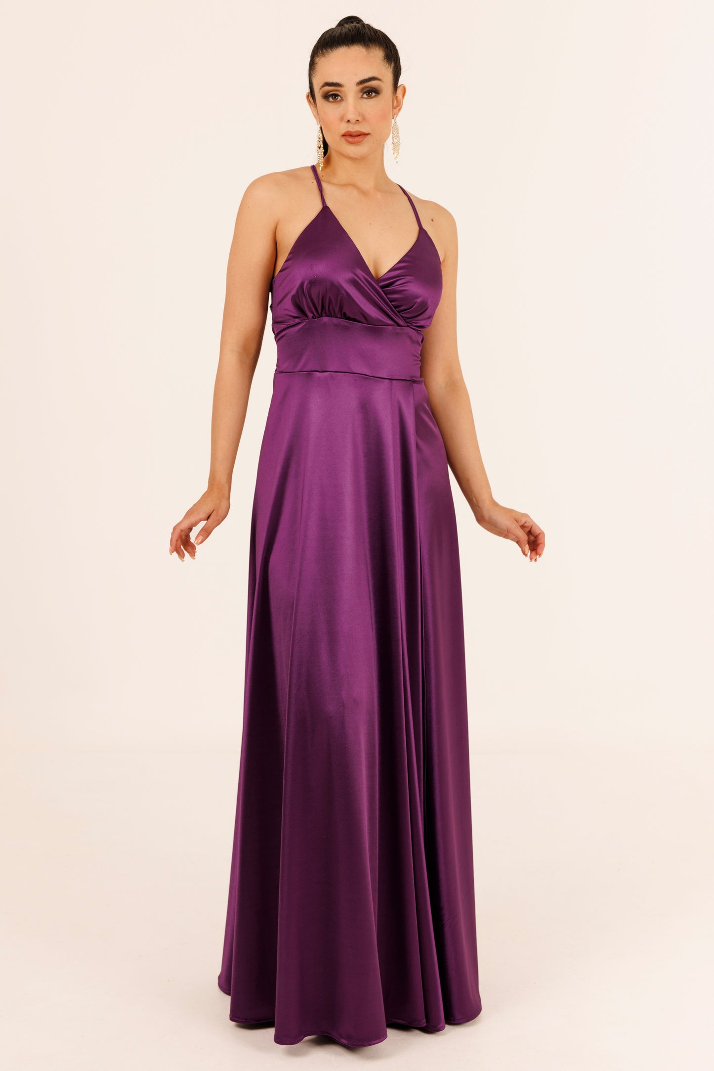 Vestido Largo Escote Cruzado y Tirantes con Abertura - VIOLETA SATEEN