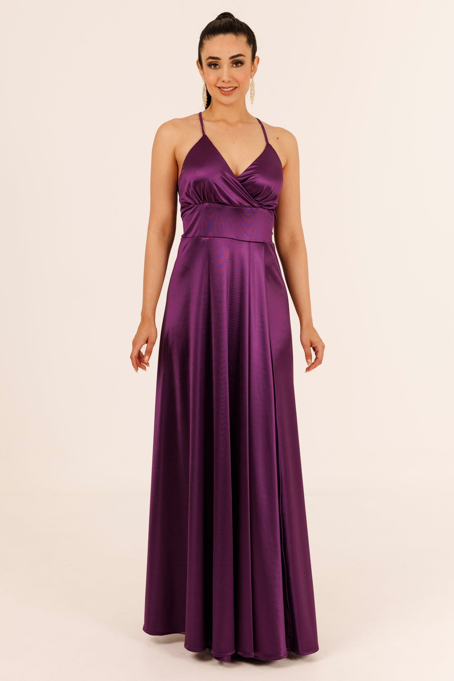 Vestido Largo Escote Cruzado y Tirantes con Abertura - VIOLETA SATEEN