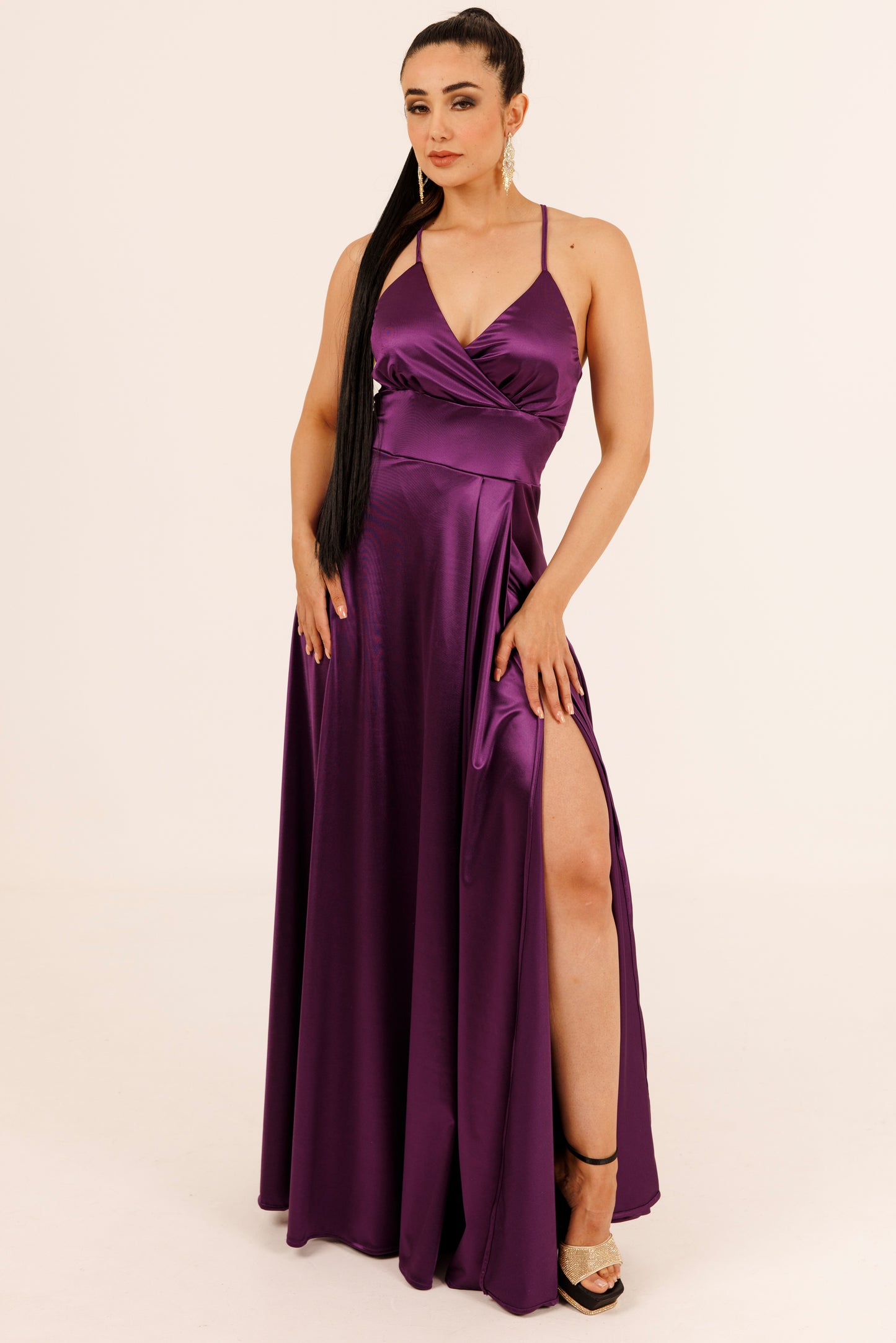 Vestido Largo Escote Cruzado y Tirantes con Abertura - VIOLETA SATEEN