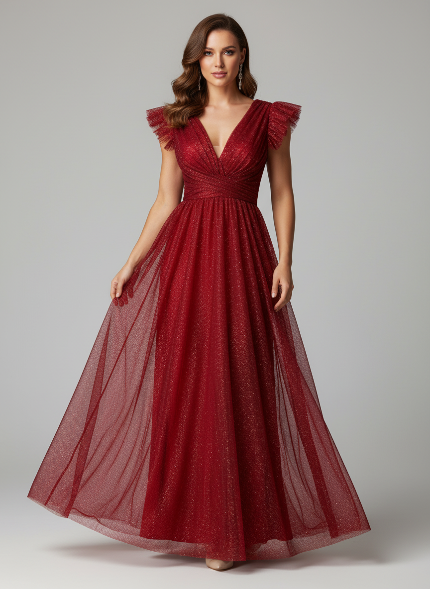 Vestido Largo con Brillos y Mangas - JULIA BRILLOS