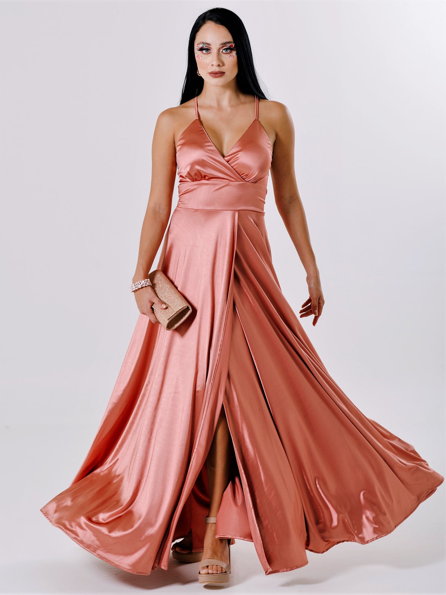 Vestido Largo Saten Con Abertura - CAMILA