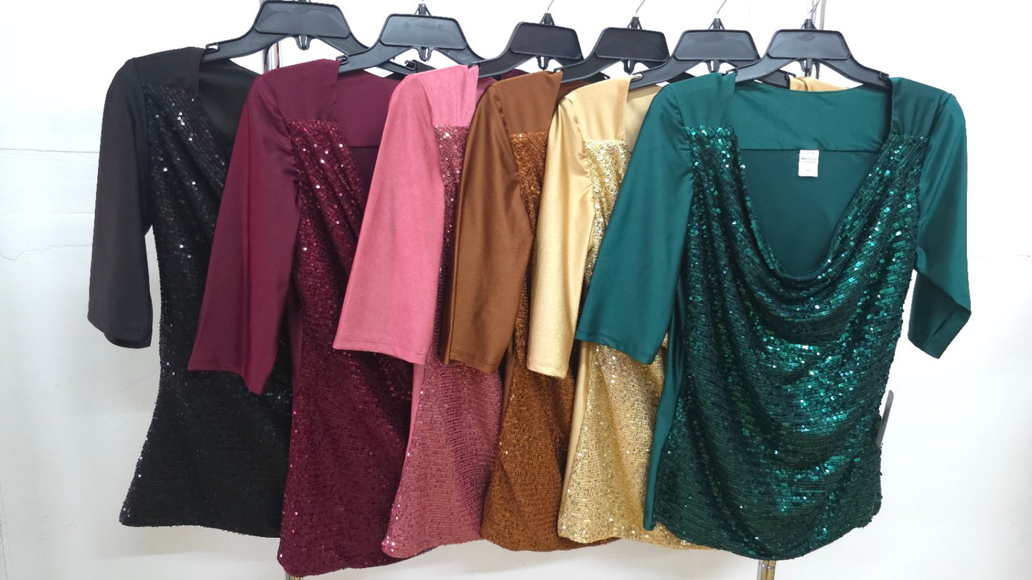 Blusa de lentejuelas con manga tres cuartos y escote drapeado - T53