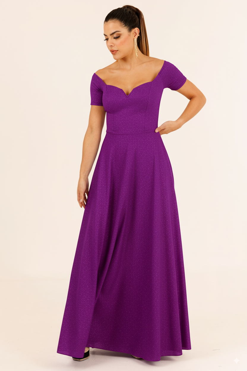 Vestido Largo con Brillos Hombros al Descubierto - BONITA BRILLOS