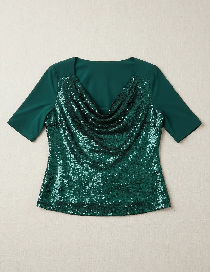 Blusa de lentejuelas con manga tres cuartos y escote drapeado - T53