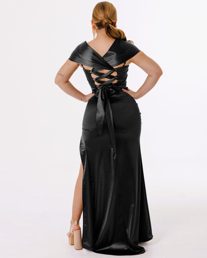 Vestido Largo Satinado Con Abertura y mangas - MANE