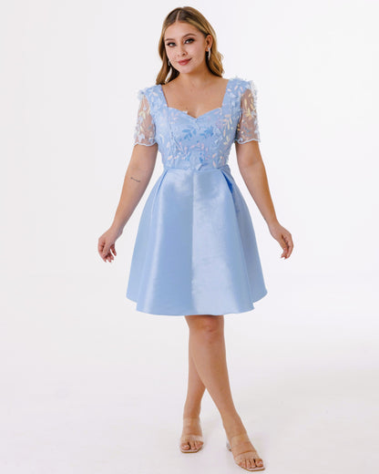 Vestido Corto Ampon con Mangas y Tul Bordado - MARY