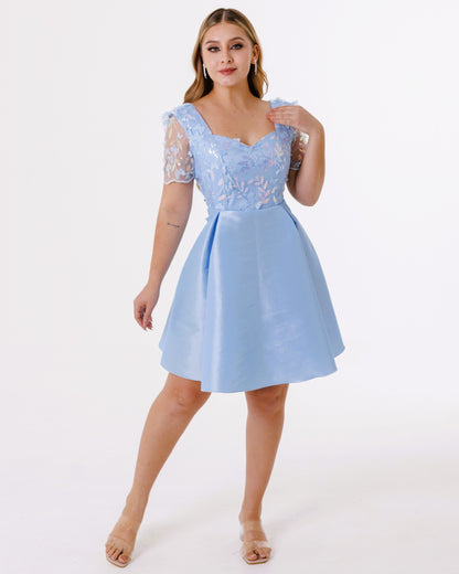 Vestido Corto Ampon con Mangas y Tul Bordado - MARY