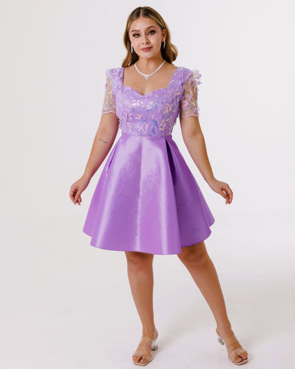 Vestido Corto Ampon con Mangas y Tul Bordado - MARY