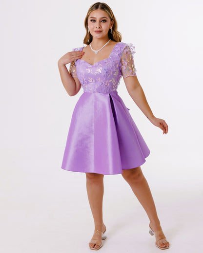 Vestido Corto Ampon con Mangas y Tul Bordado - MARY