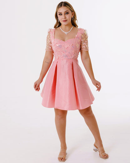 Vestido Corto Ampon con Mangas y Tul Bordado - MARY