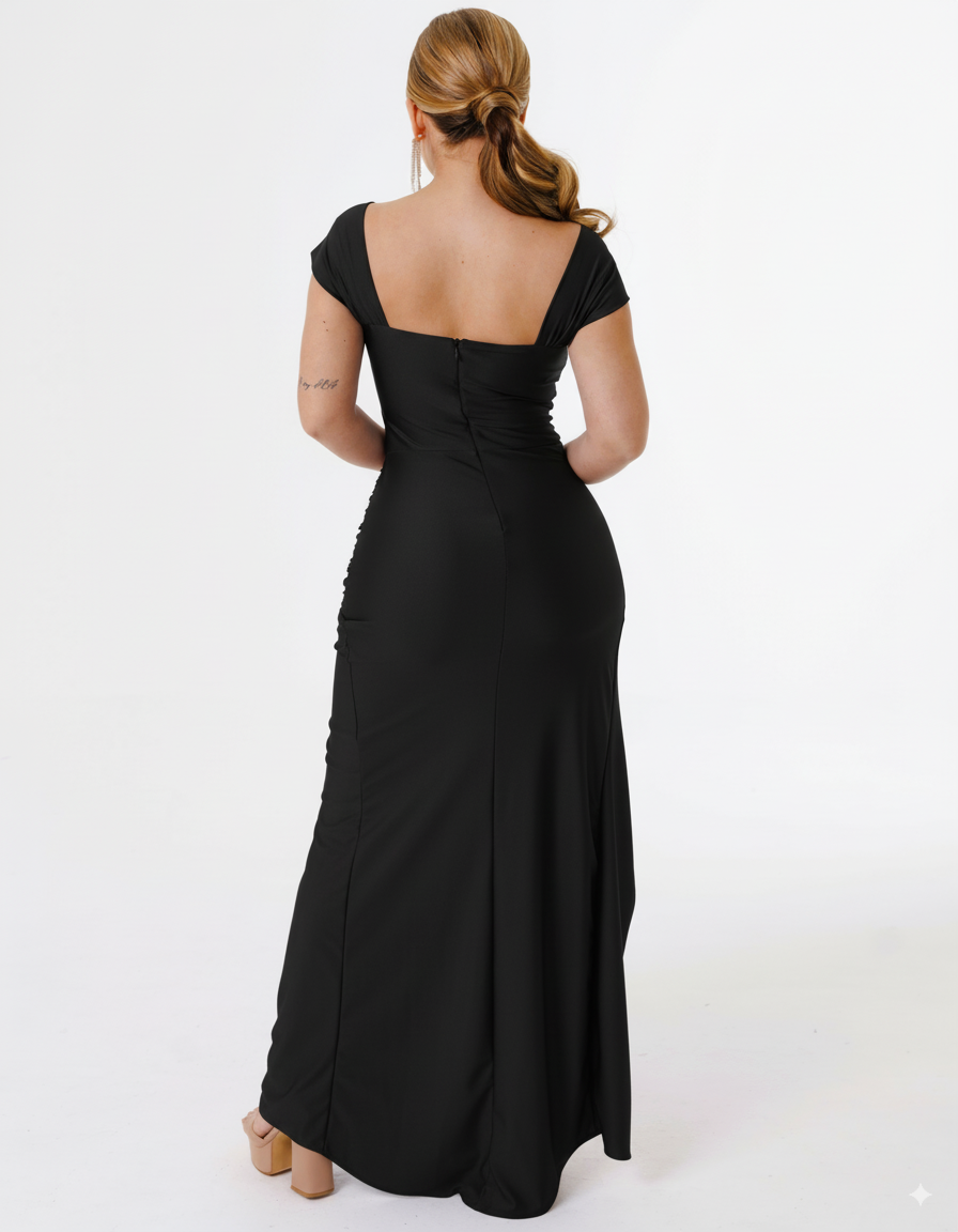 Vestido Largo con Abertura y Mangas - DAFNE