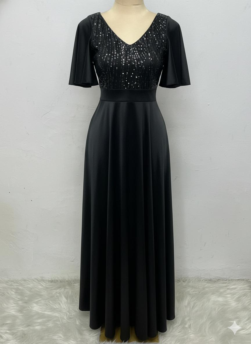 Vestido Largo Con Mangas y Encaje - GALA