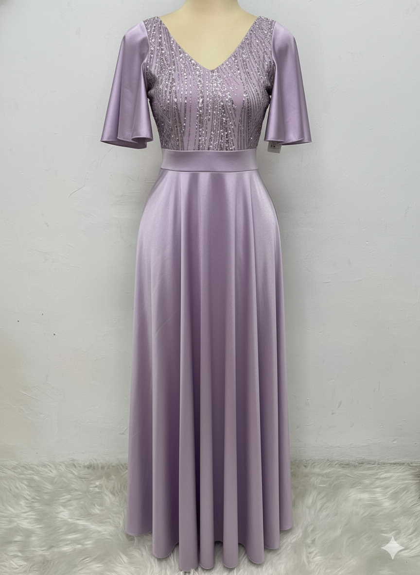 Vestido Largo Con Mangas y Encaje - GALA