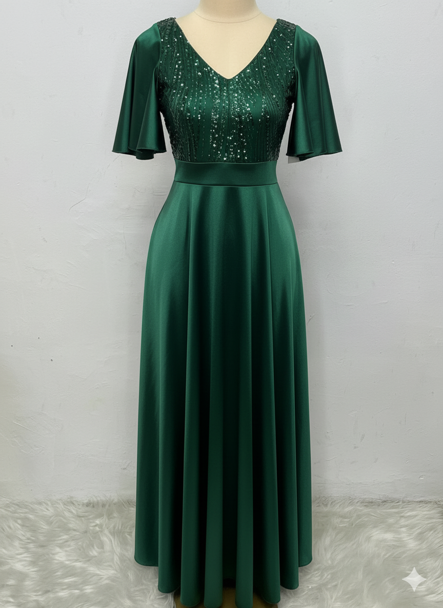 Vestido Largo Con Mangas y Encaje - GALA