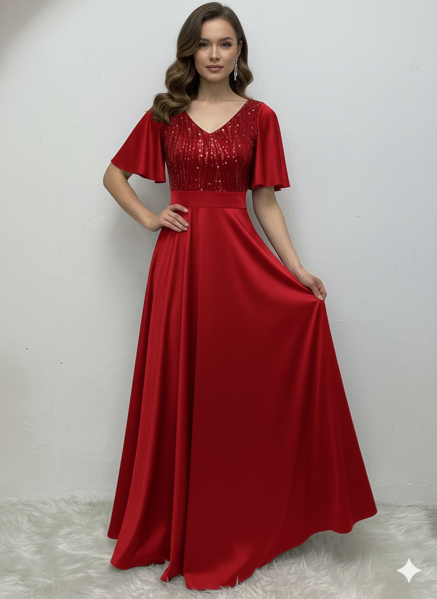 Vestido Largo Con Mangas y Encaje - GALA