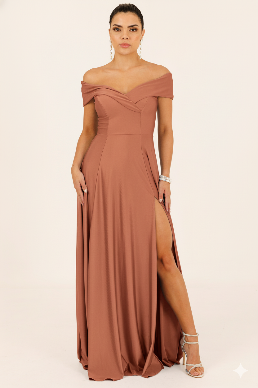 Vestido Largo con Abertura y Mangas - SUIZA