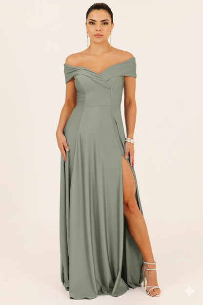 Vestido Largo con Abertura y Mangas - SUIZA