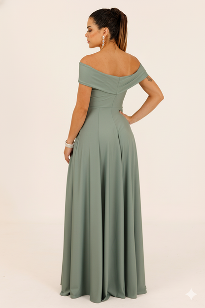 Vestido Largo con Abertura y Mangas - SUIZA