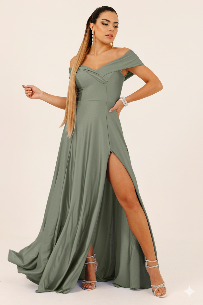 Vestido Largo con Abertura y Mangas - SUIZA