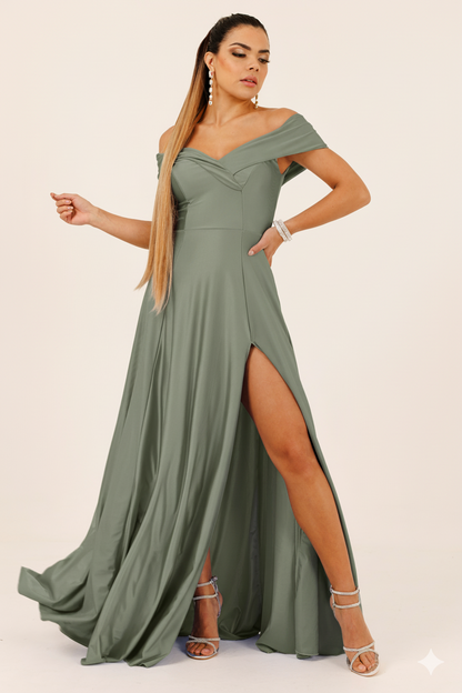 Vestido Largo con Abertura y Mangas - SUIZA