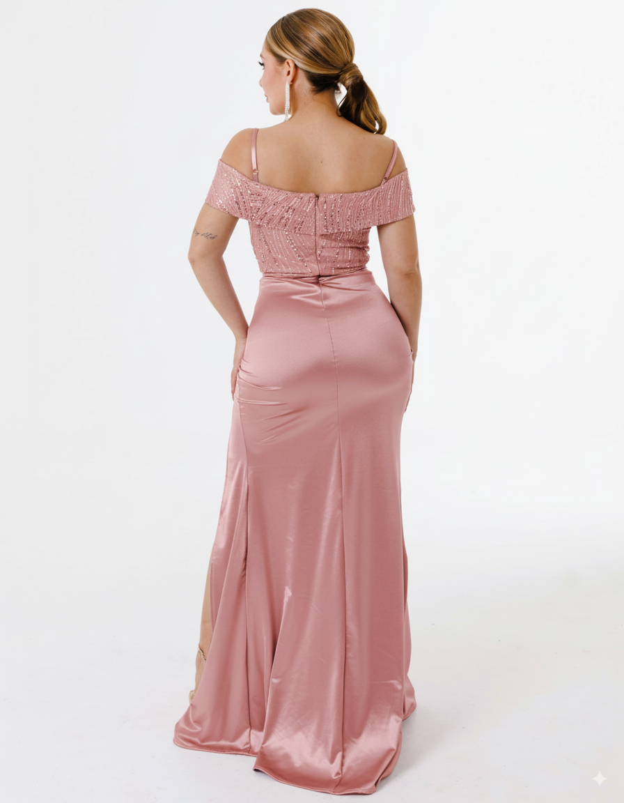 Vestido Largo con Abertura y Lentejuela - MERIDA