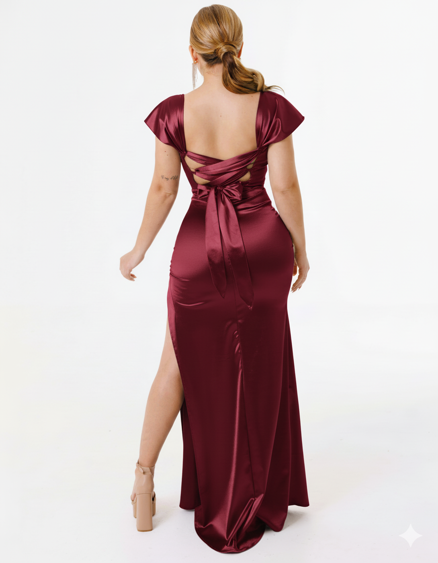 Vestido Largo Satinado Con Abertura y mangas - MANE