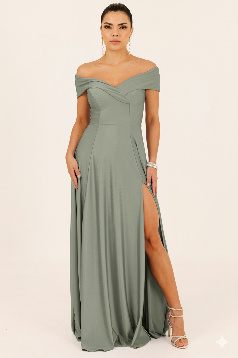 Vestido Largo con Abertura y Mangas - SUIZA