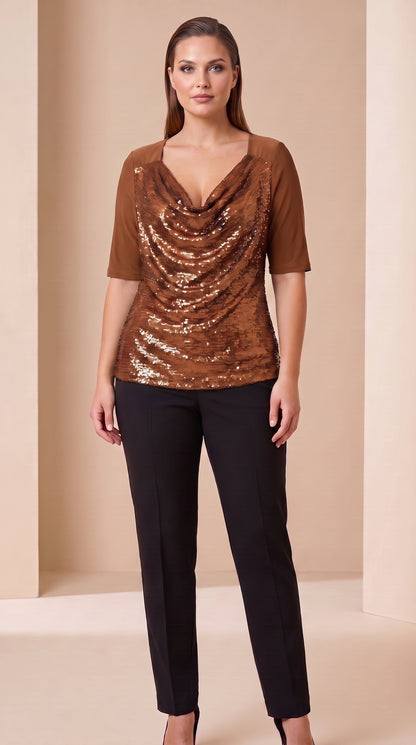 Blusa de lentejuelas con manga tres cuartos y escote drapeado - T53