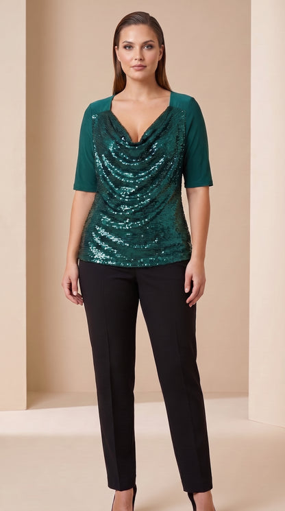 Blusa de lentejuelas con manga tres cuartos y escote drapeado - T53