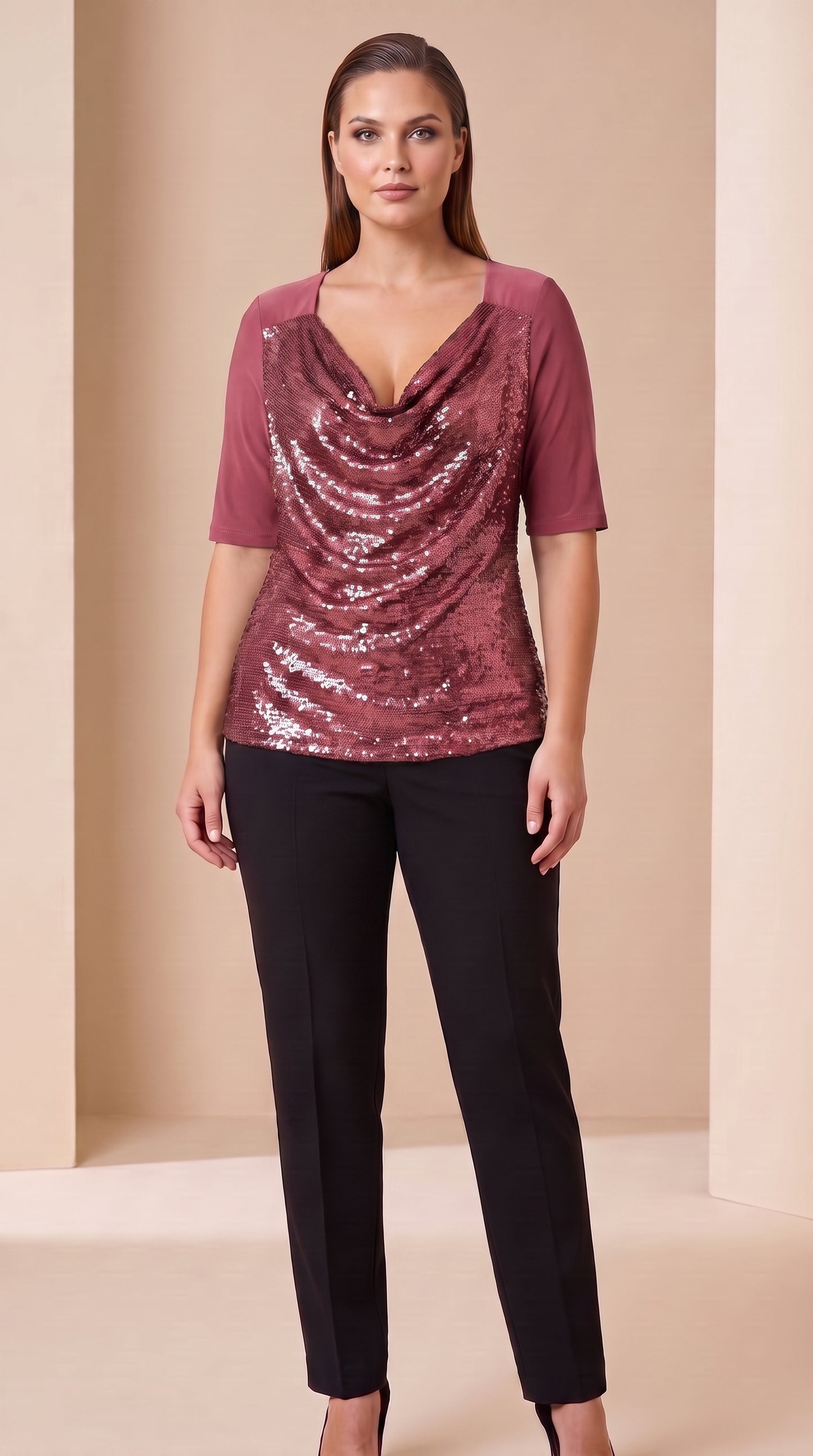 Blusa de lentejuelas con manga tres cuartos y escote drapeado - T53