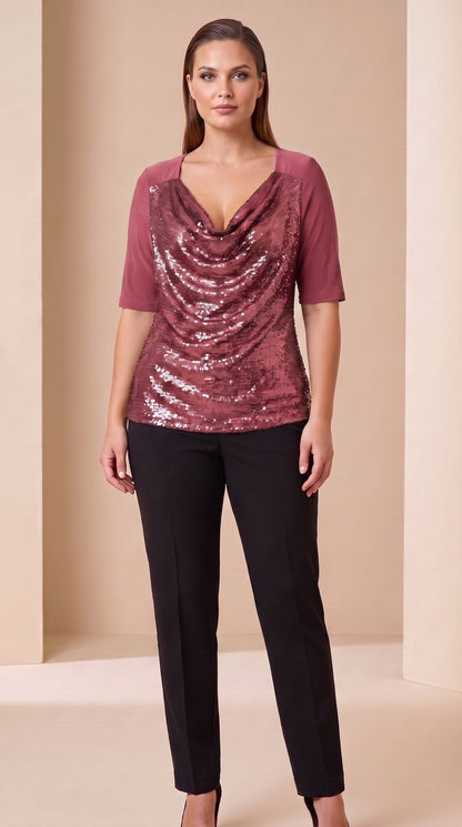 Blusa de lentejuelas con manga tres cuartos y escote drapeado - T53