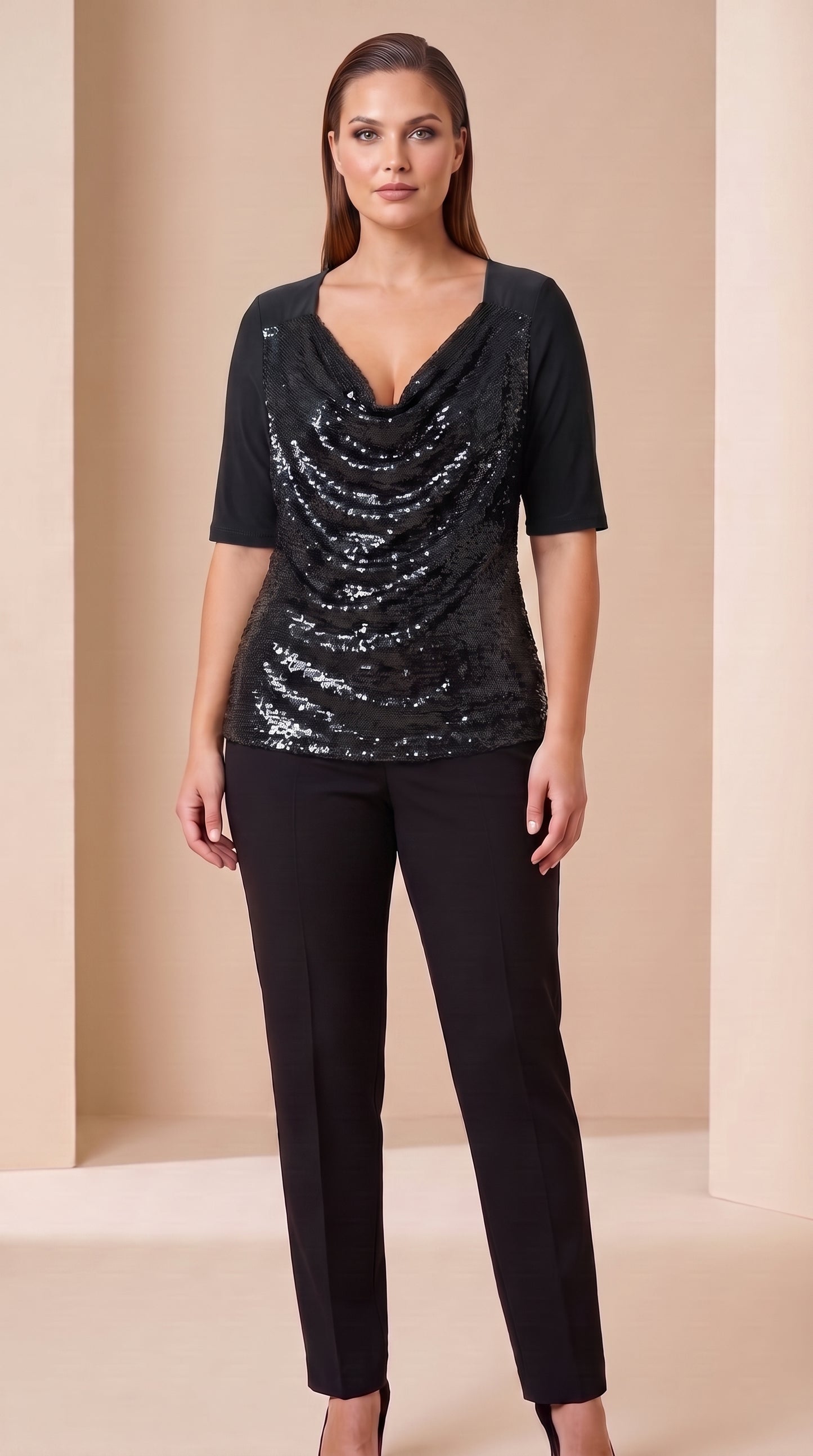 Blusa de lentejuelas con manga tres cuartos y escote drapeado - T53