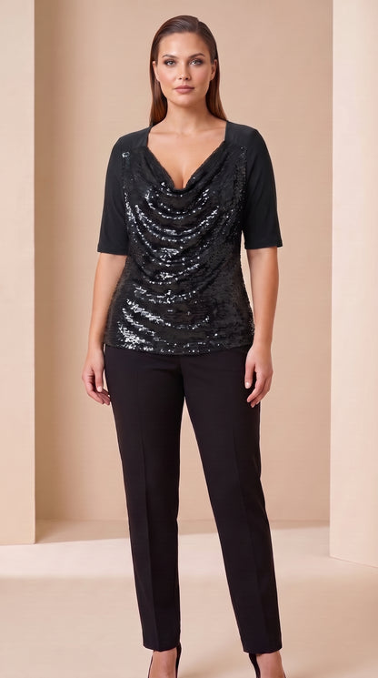 Blusa de lentejuelas con manga tres cuartos y escote drapeado - T53