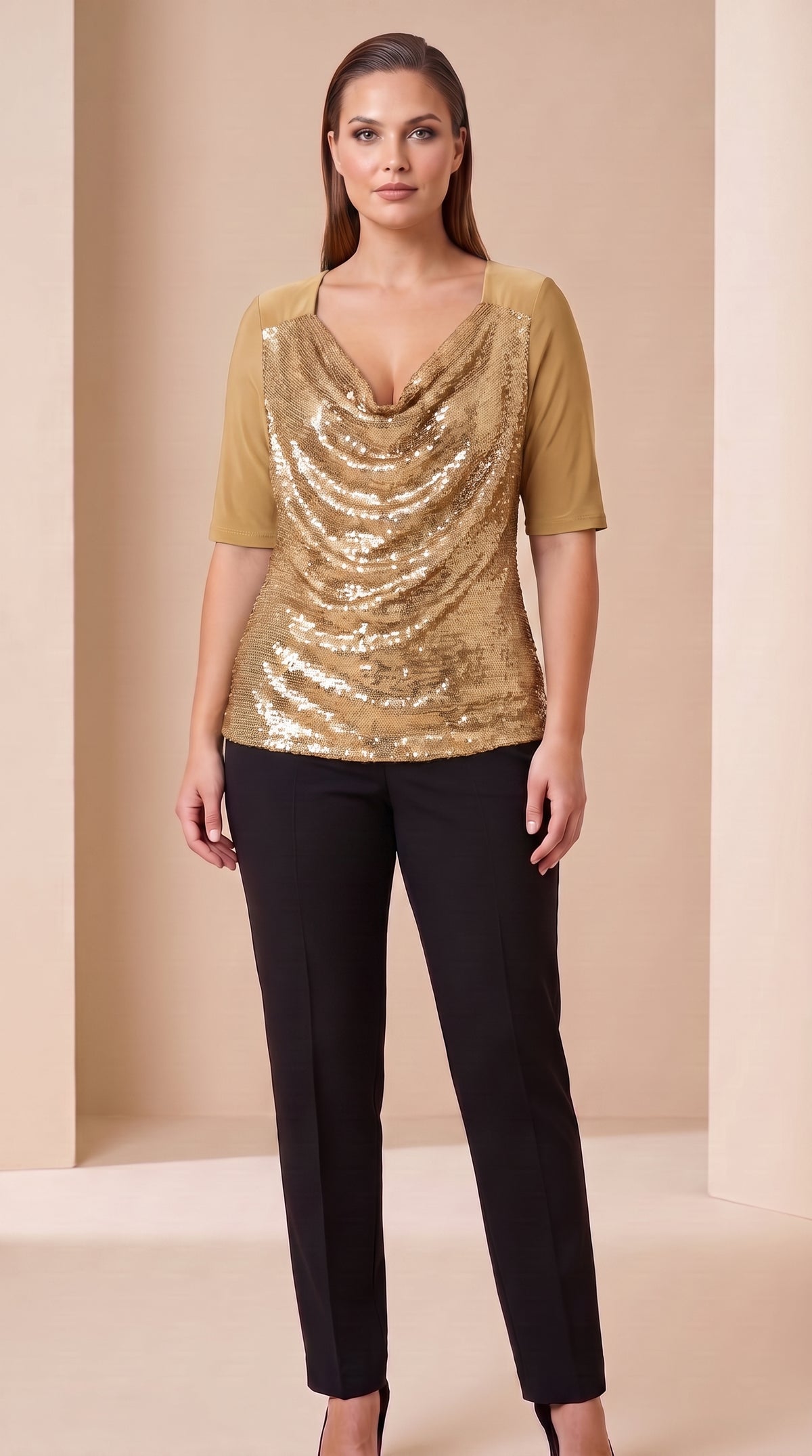 Blusa de lentejuelas con manga tres cuartos y escote drapeado - T53