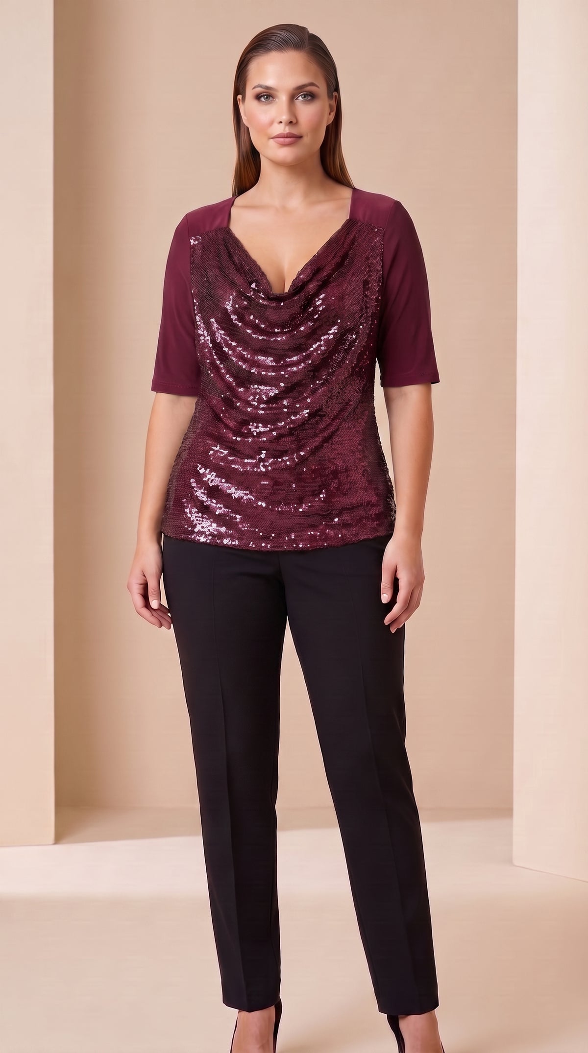 Blusa de lentejuelas con manga tres cuartos y escote drapeado - T53