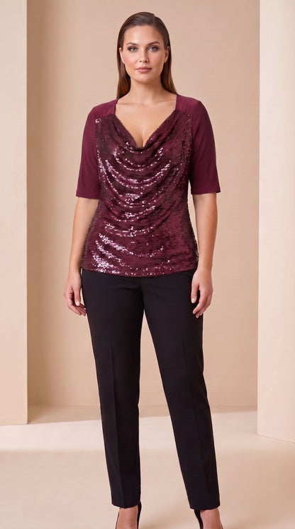 Blusa de lentejuelas con manga tres cuartos y escote drapeado - T53